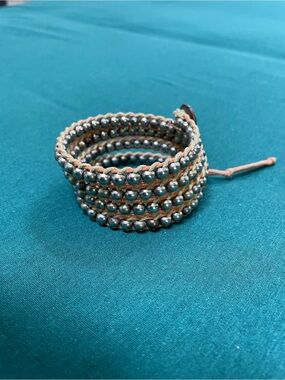 Beaded Multi-Row Wrap Bracelet in Silver and Tan
